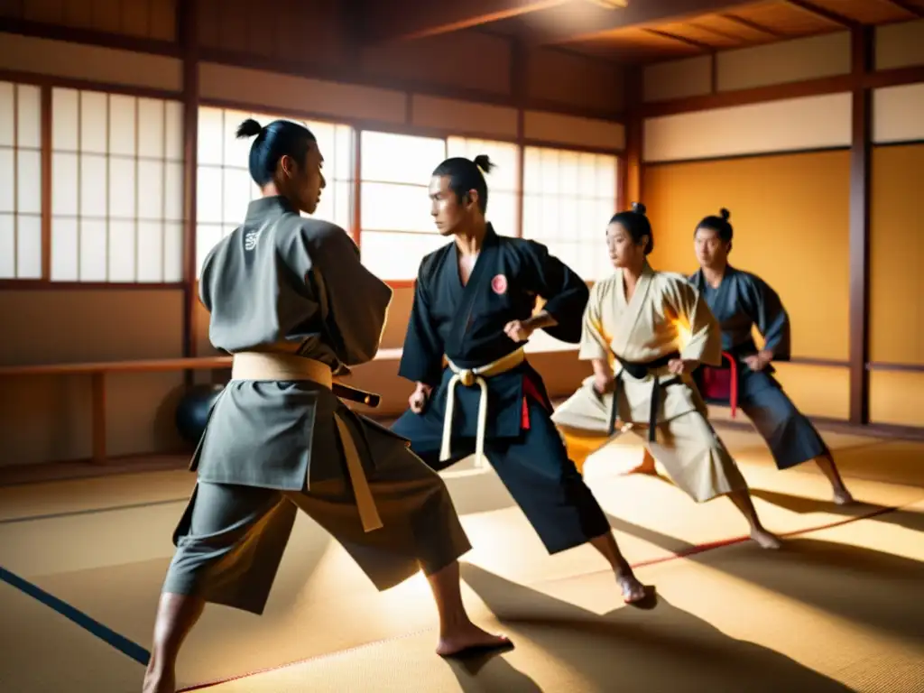 Practicantes de samurái modernos en un dojo tradicional, usando ropa de entrenamiento de samurái moderna, realizando movimientos precisos con determinación, bañados en luz dorada