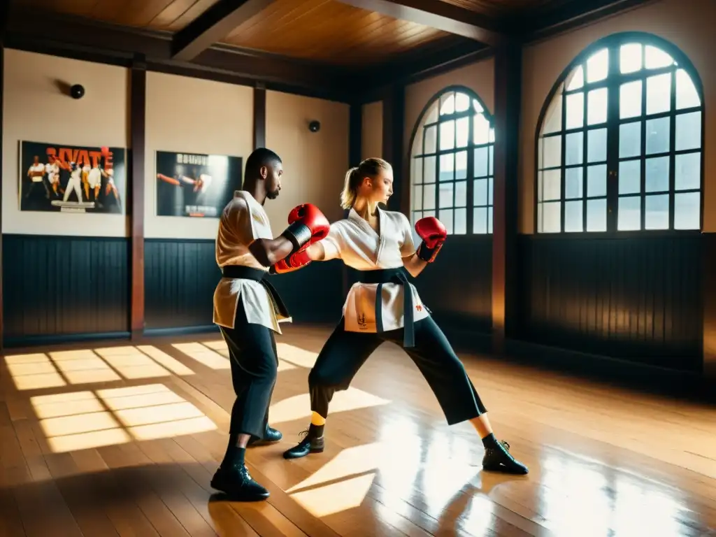 Practicantes de savate en un dojo parisino histórico, mostrando la historia y técnicas del savate francés con gracia y determinación