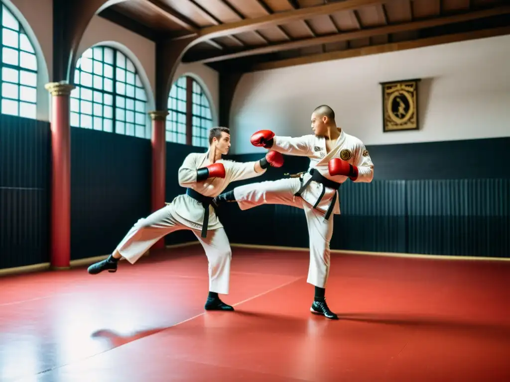 Dos practicantes de savate francés ejecutan elegantes técnicas en un dojo parisino, resaltando la historia y técnicas del savate francés