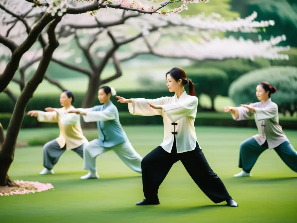 Practicantes de tai chi en jardín sereno con wearables para mejorar Tai Chi, entre árboles de cerezos en flor