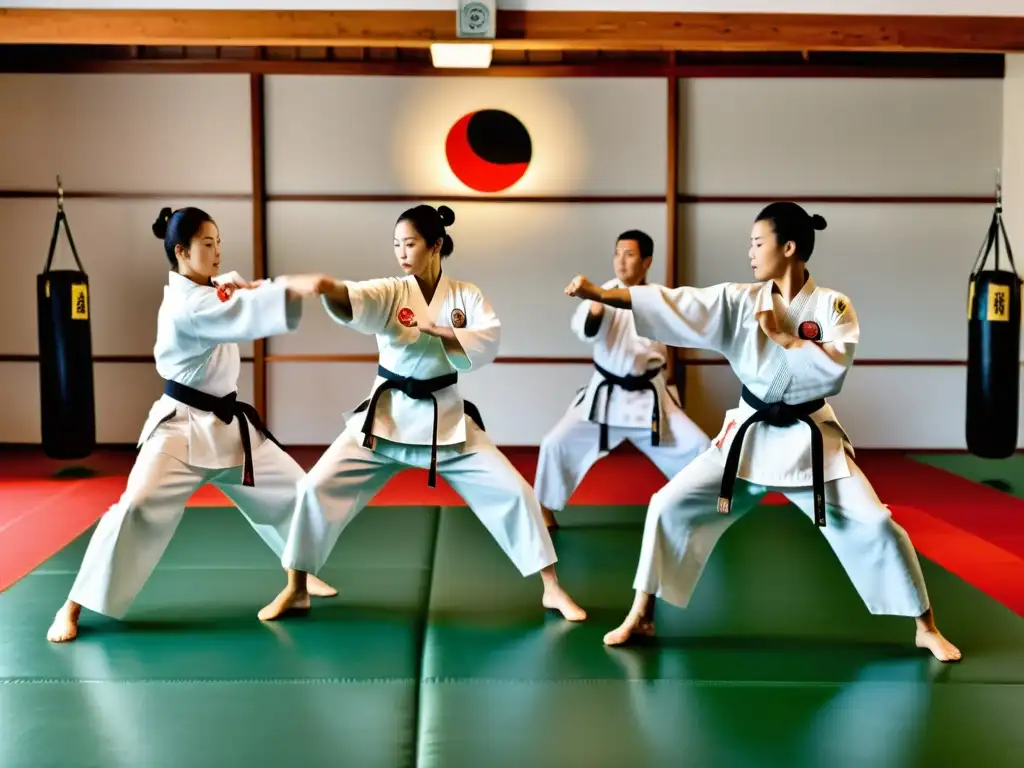 Practicantes de Shorinji Kempo ejecutan movimientos precisos en un dojo bien iluminado, fusionando técnicas de artes marciales chinas y japonesas en una escena culturalmente rica