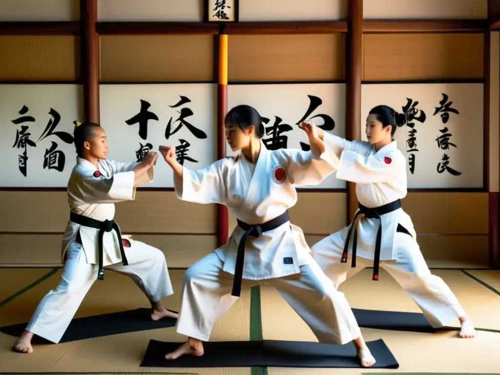 Practicantes de Shorinji Kempo ejecutan movimientos fluidos y poderosos en un dojo sereno, fusionando técnicas de artes marciales chinas y japonesas