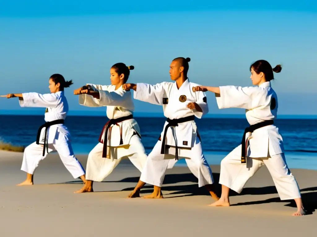 Practicantes de Shotokan Karate en gi blanco realizan katas en armonía en la serena playa, reflejando la filosofía y técnica del Shotokan Karate