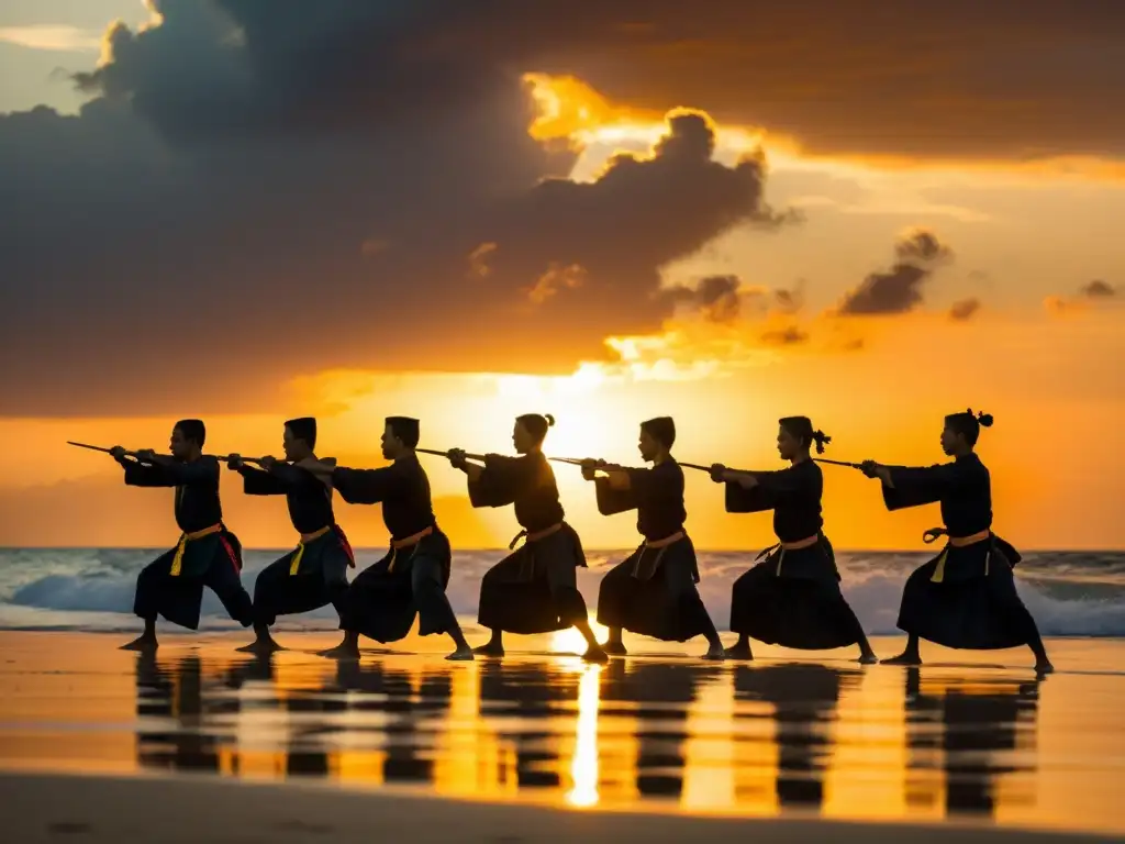 Practicantes de silat entrenando al atardecer en una playa de Indonesia, fusionando arte marcial con la belleza natural del entorno costero