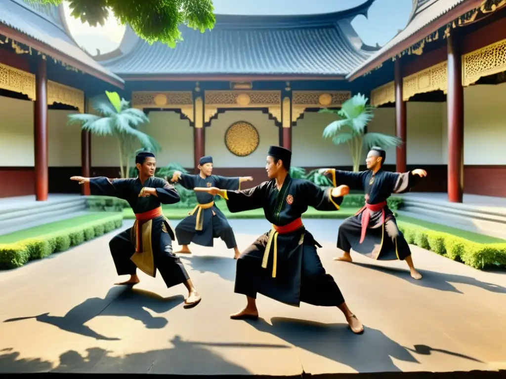 Practicantes de silat en Indonesia: Arte Marcial, ejecutando movimientos fluidos y poderosos en un patio soleado con exuberante vegetación