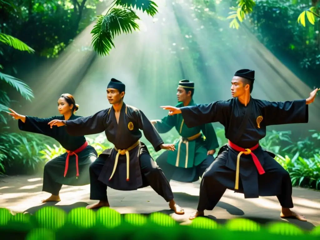 Practicantes de Silat en Indonesia, mostrando movimientos poderosos en la exuberante jungla