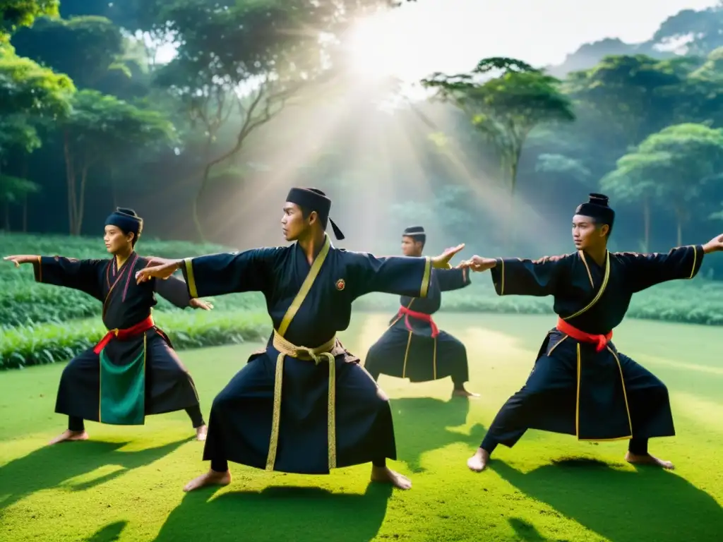 Practicantes de silat en Indonesia realizan una rutina de arte marcial sincronizada en un bosque exuberante