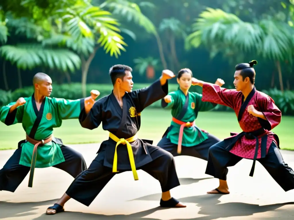 Practicantes de Silat ejecutan movimientos precisos y poderosos en un claro tropical, mostrando disciplina y conexión espiritual