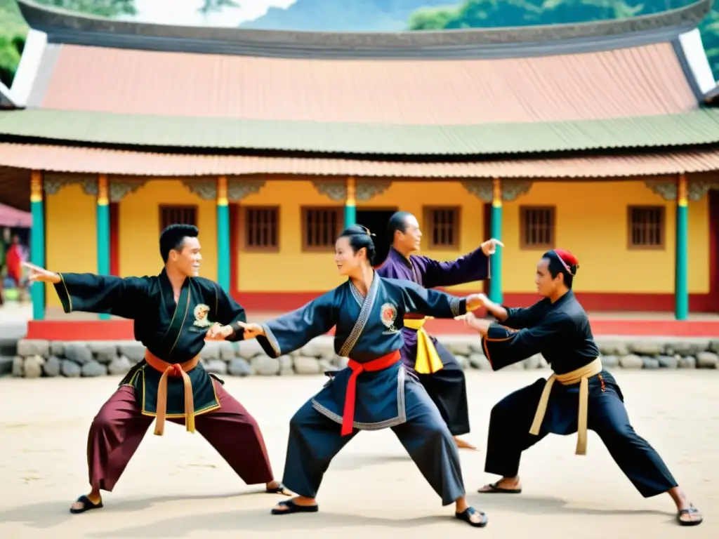 Practicantes de Silat ejecutan una rutina de artes marciales en un pueblo de Indonesia, con arquitectura tradicional de fondo