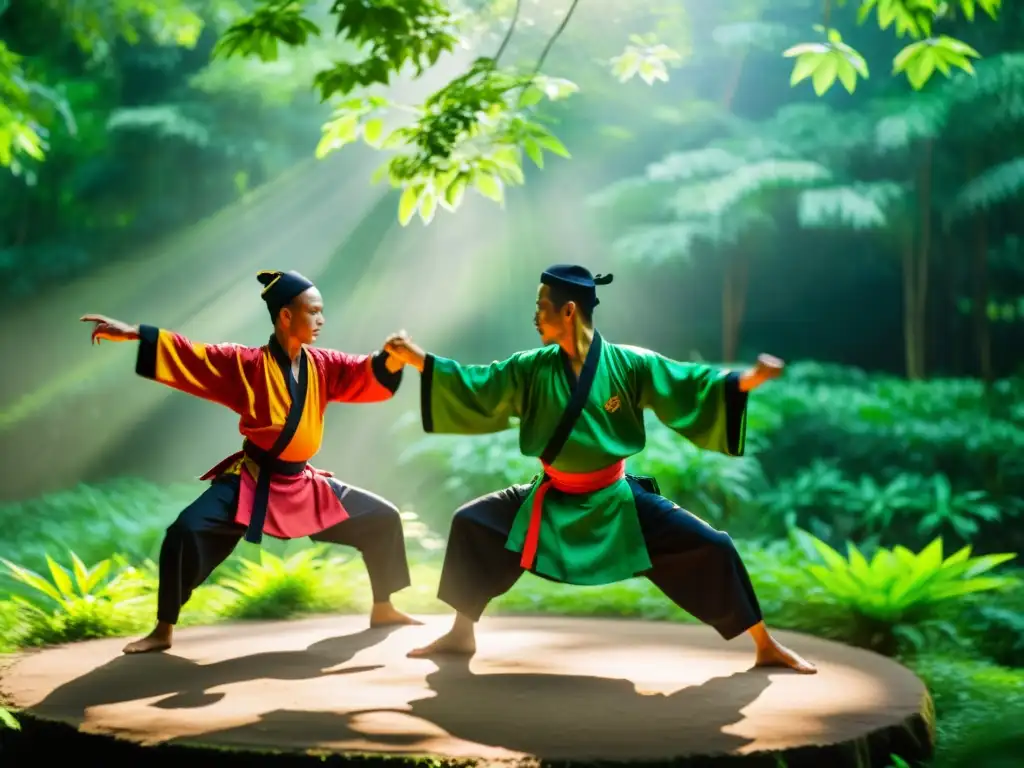 Practicantes de Silat realizan rutina dinámica en el exuberante bosque, honrando la historia del Silat en Indonesia y Malaysia