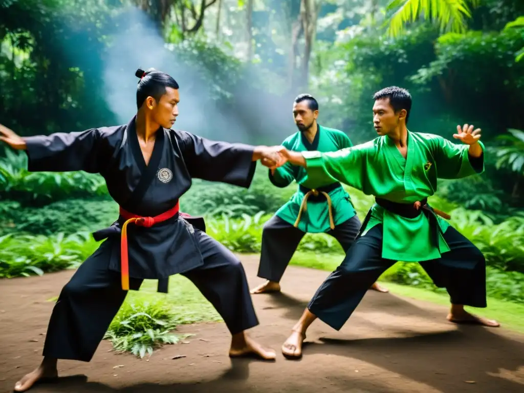 Practicantes de Silat en la selva, demostrando técnicas de defensa personal