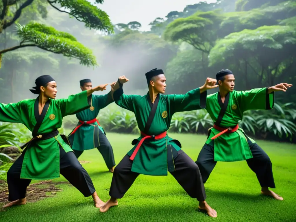 Practicantes de silat en trajes tradicionales realizan una secuencia de artes marciales en un claro del bosque tropical de Indonesia