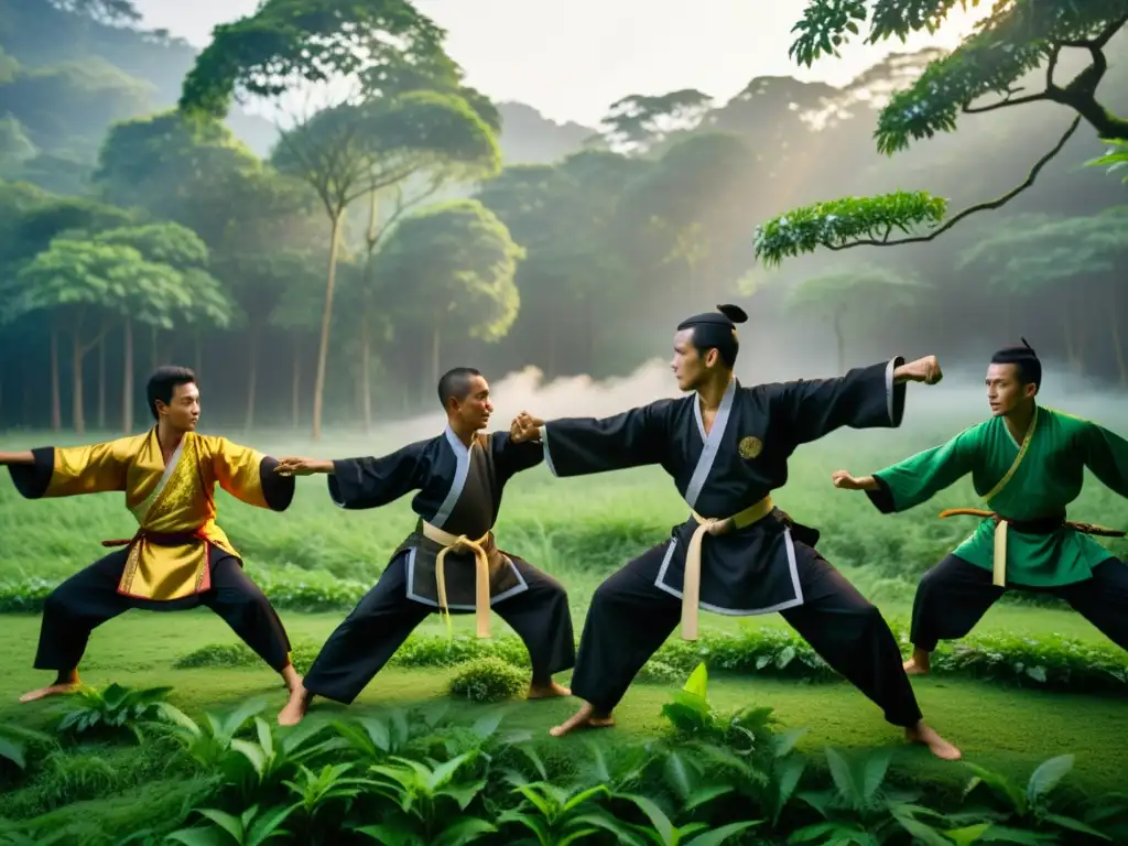 Practicantes de silat, vistiendo trajes tradicionales, realizan movimientos dinámicos en un claro del bosque de Indonesia