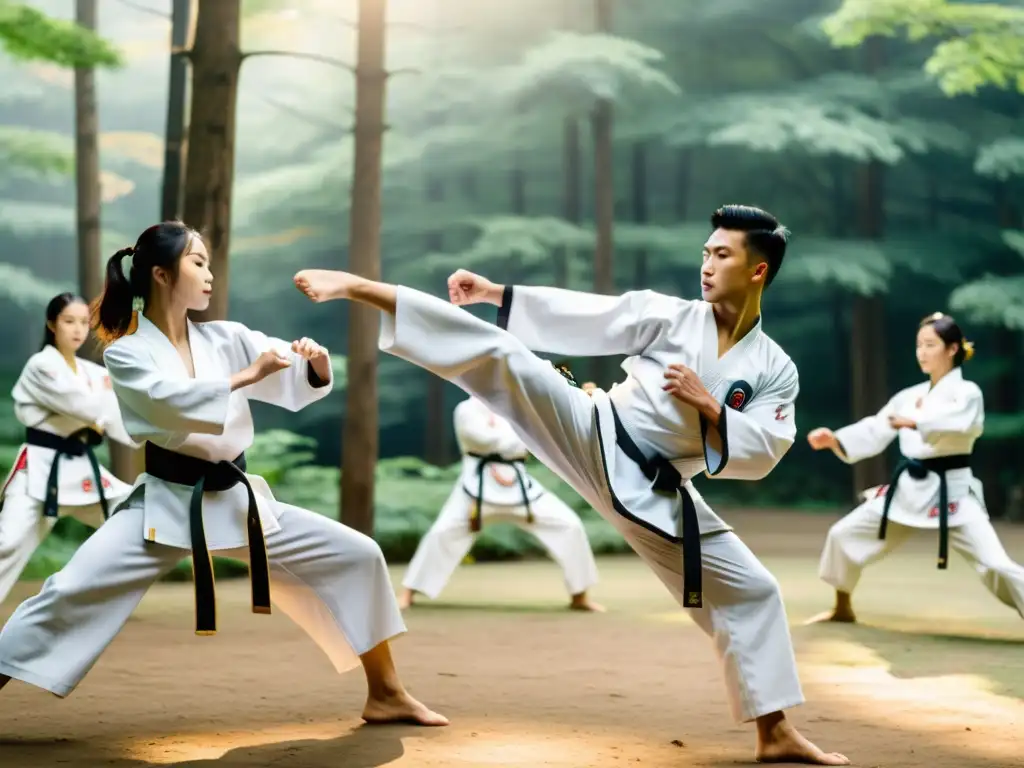 Practicantes de Taekwondo en campamento en Corea, realizando formas en un bosque sereno y exuberante al amanecer