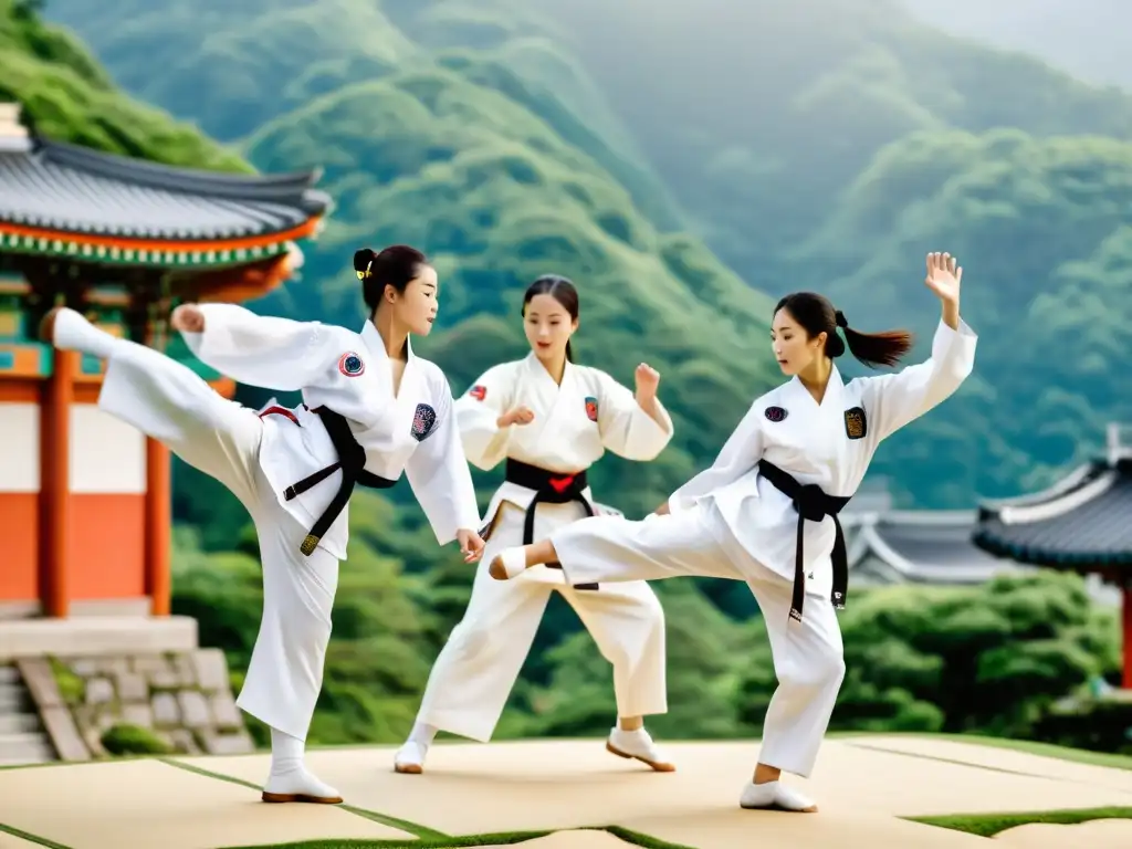 Practicantes de taekwondo ejecutan formas y patadas en un campamento de taekwondo en Corea, con un templo y montañas en el fondo, transmitiendo tradición y armonía