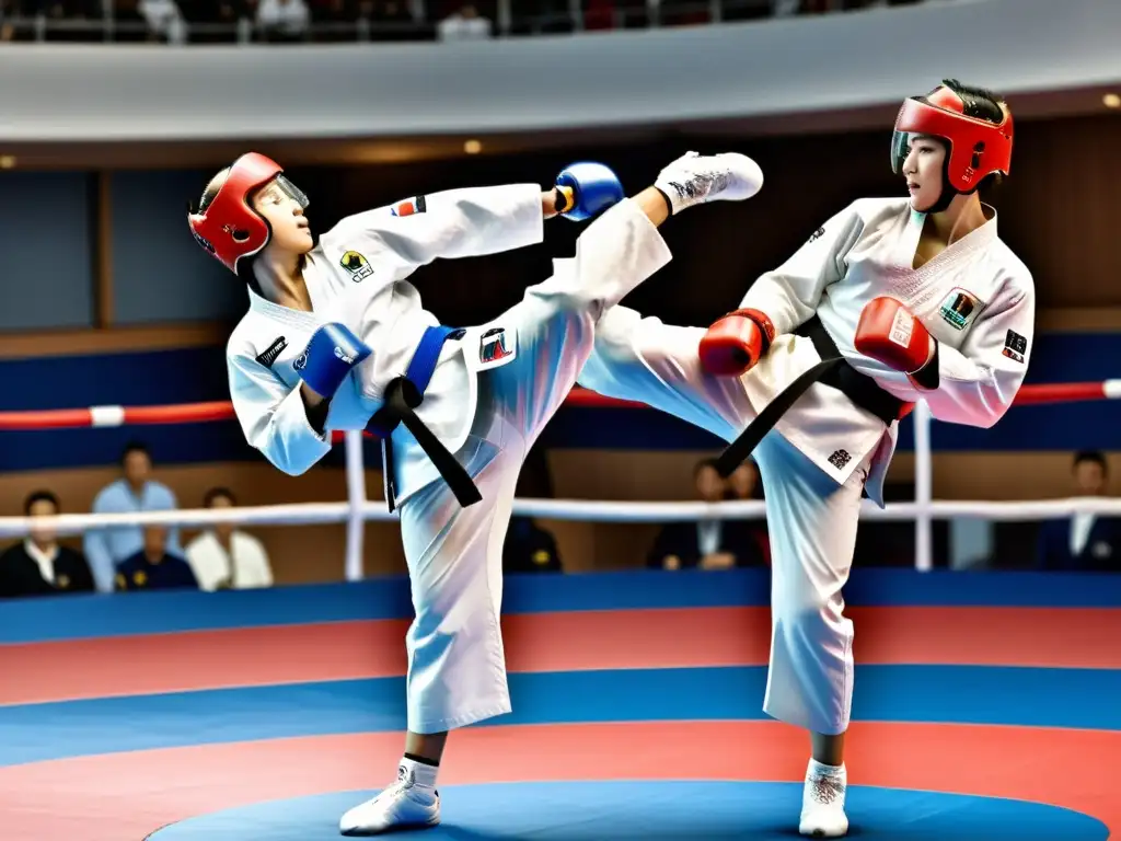 Dos practicantes de Taekwondo en pleno combate en un ring reglamentario