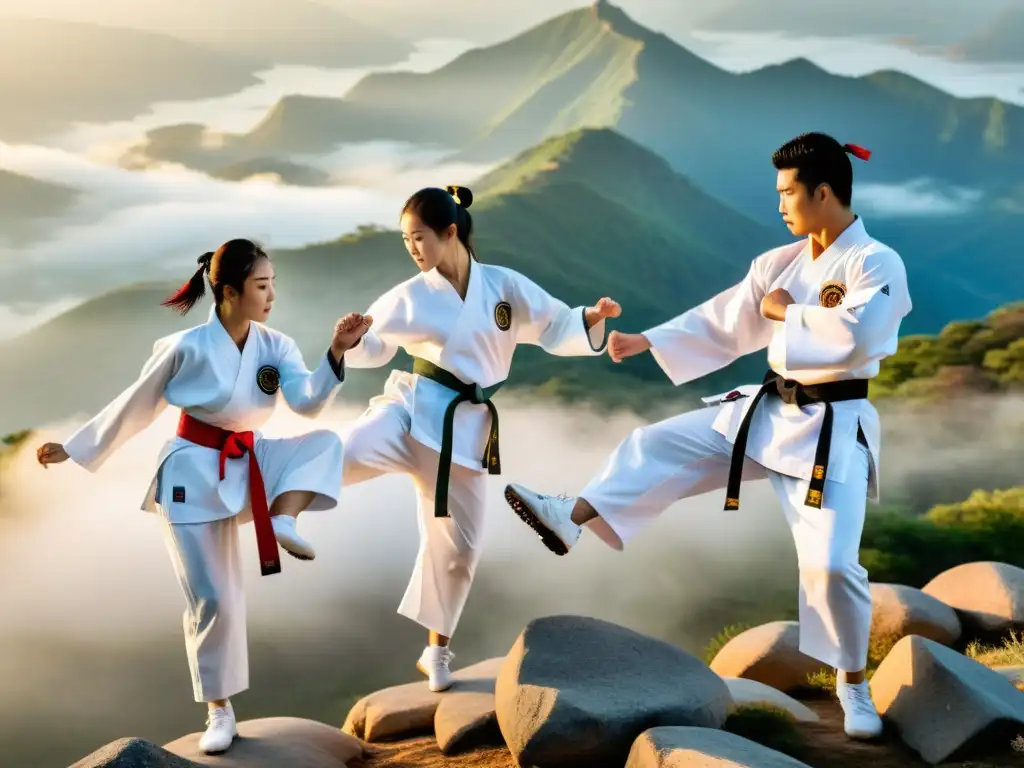 Practicantes de Taekwondo ejecutan poderosos y precisos movimientos en un escénico amanecer en la montaña