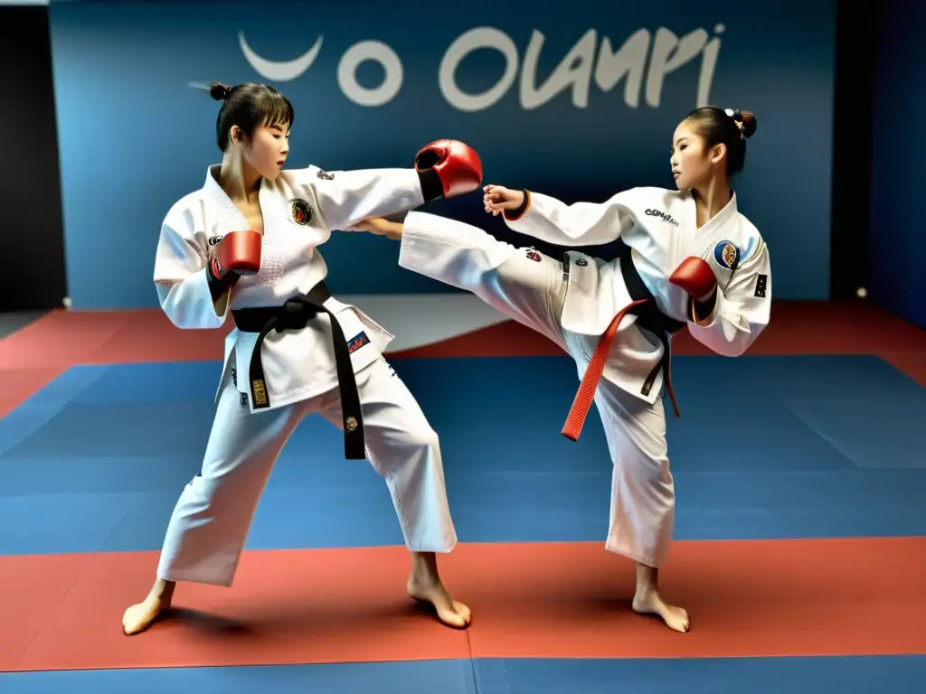 Dos practicantes de taekwondo, uno tradicional y otro olímpico, exhiben diferencias en una imagen dinámica y detallada de 8k