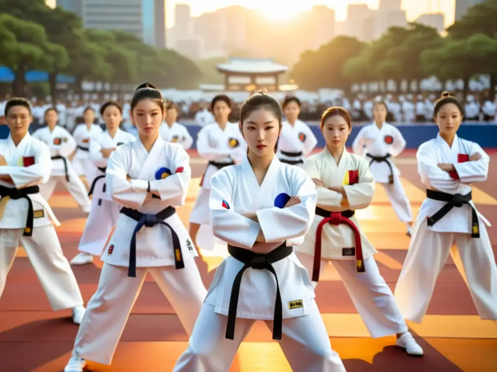 Practicantes de Taekwondo en uniformes blancos ejecutan formas sincronizadas en una plaza coreana, irradiando orgullo nacional y tradición