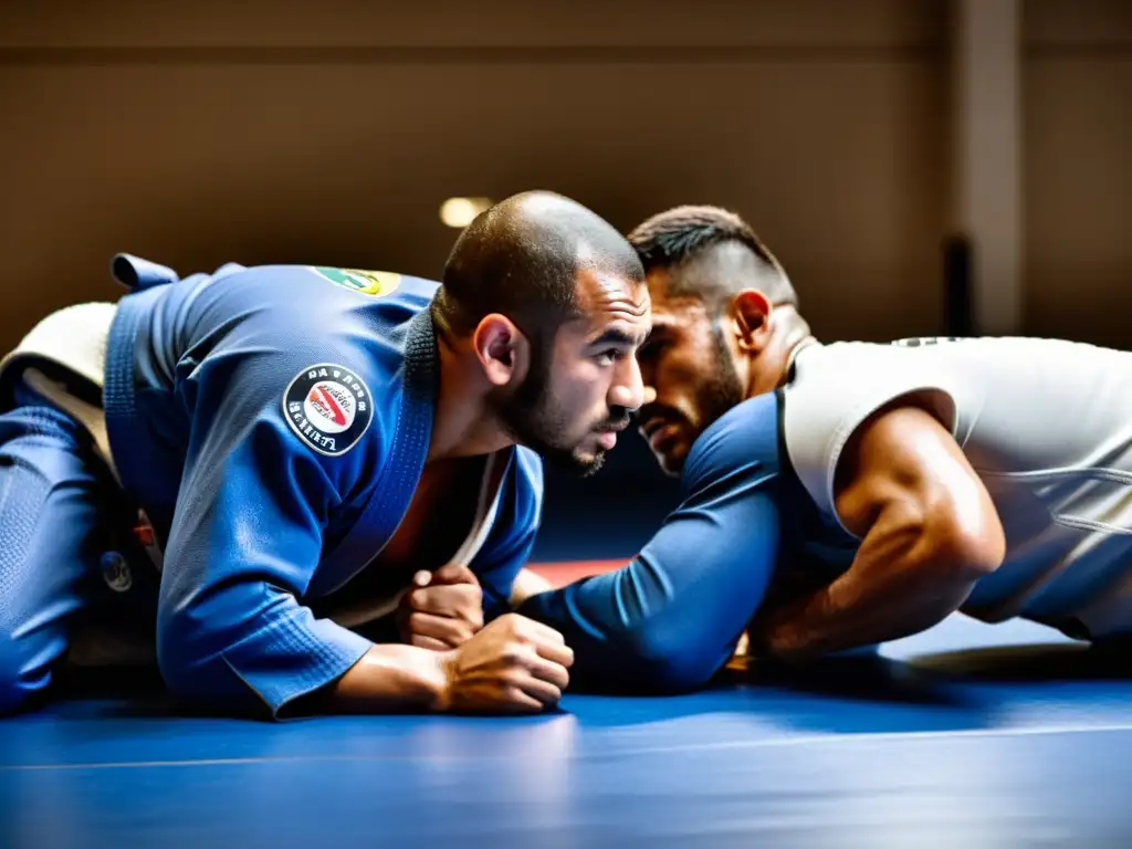 Dos practicantes de Brazilian Jiu-Jitsu se enfrentan en el tatami, mostrando determinación y concentración en sus rostros