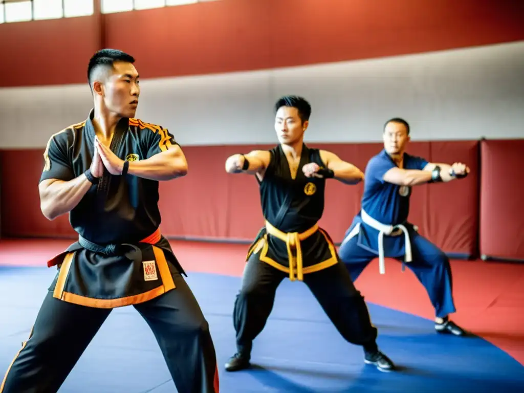 Practicantes de Kung Fu ejecutan técnicas de Sanda en un entrenamiento intenso