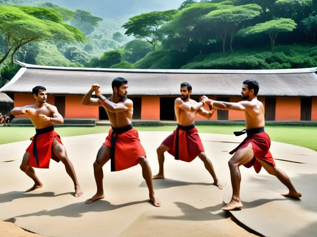 Practicantes de Kalaripayattu realizan técnicas de esgrima en un entorno natural, demostrando su destreza y disciplina