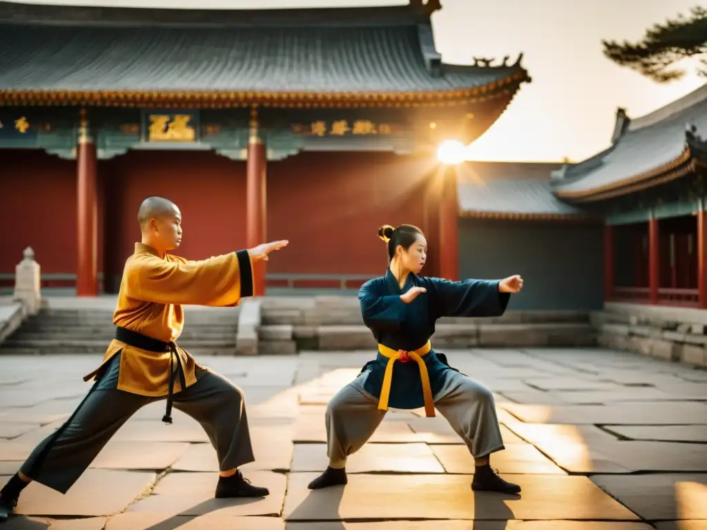 Practicantes de Kung Fu en el templo Shaolin, con expresiones concentradas y movimientos poderosos bajo la luz dorada