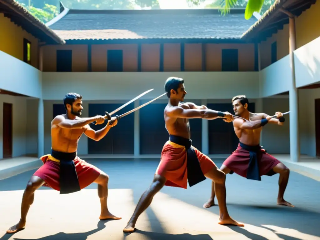 Practicantes de Kalaripayattu se preparan para torneos con precisión y dedicación, demostrando habilidades de espada en un patio soleado