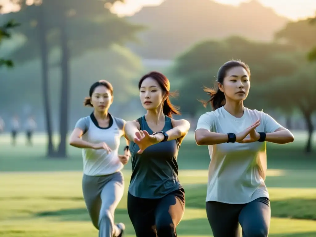 Practicantes de Tai Chi con wearables en tranquilo parque al amanecer, mejorando su práctica