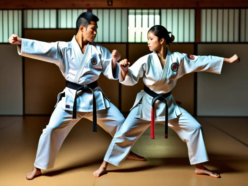 Practicantes de karate en uniformes de última tendencia, mostrando técnica y dedicación en un entorno tradicional de dojo