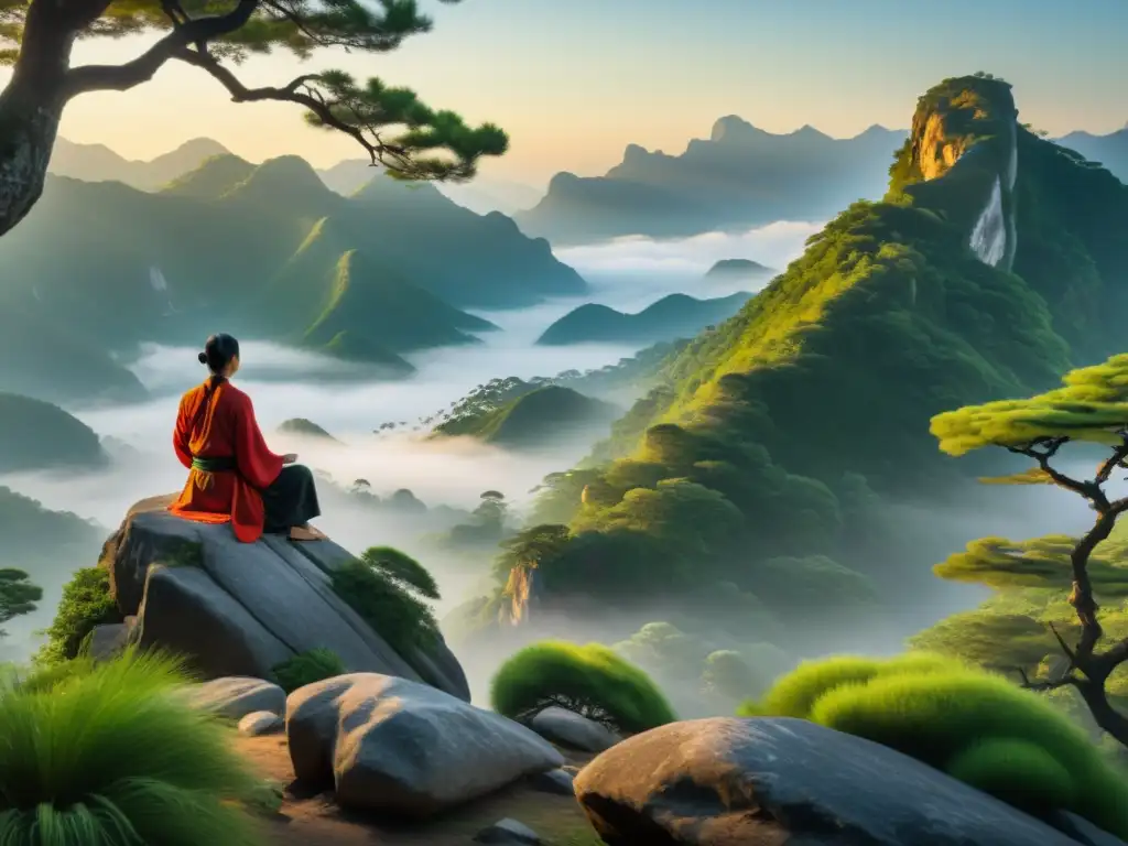 Práctica de Chi Kung al amanecer en un paisaje montañoso Prácticas tradicionales de chi kung al amanecer en la montaña, en armonía con la naturaleza y la serenidad del paisaje neblinoso