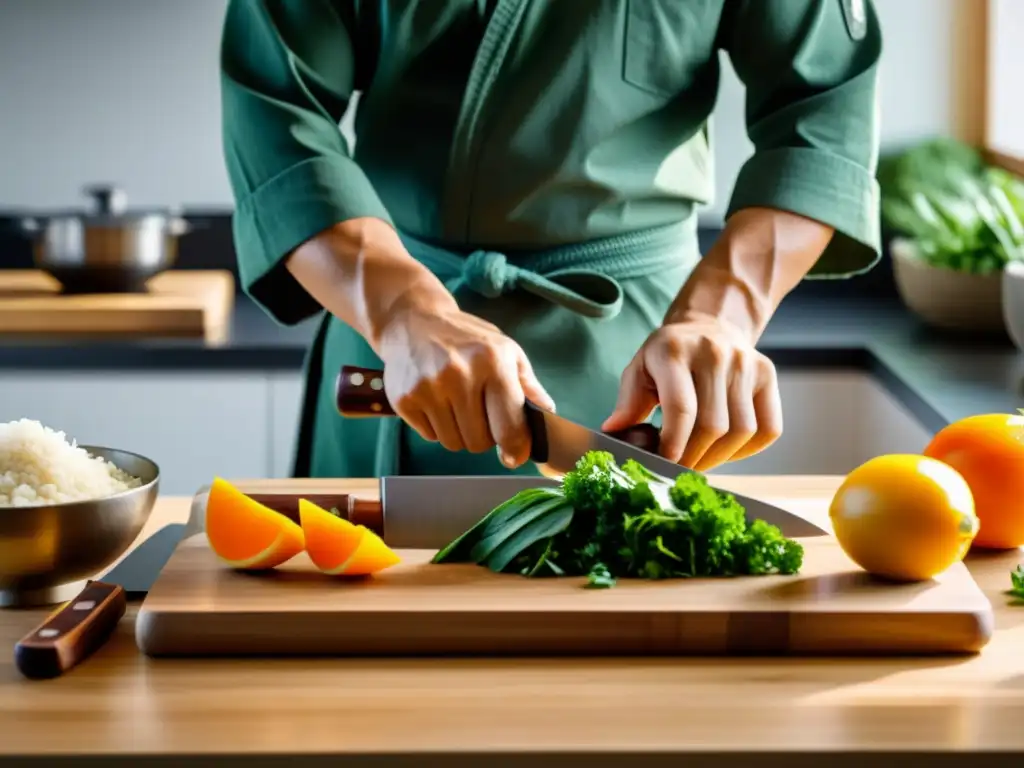 Preparación cuidadosa de alimentos frescos por un artista marcial en cocina serena