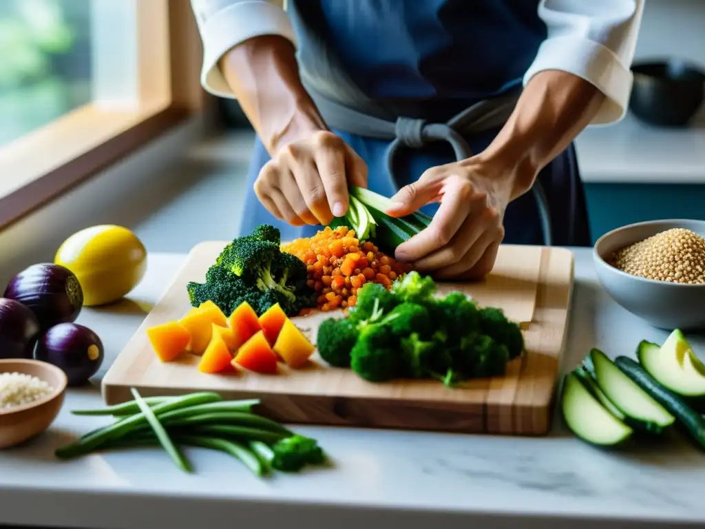 Preparación cuidadosa de una comida colorida y nutritiva en una cocina minimalista