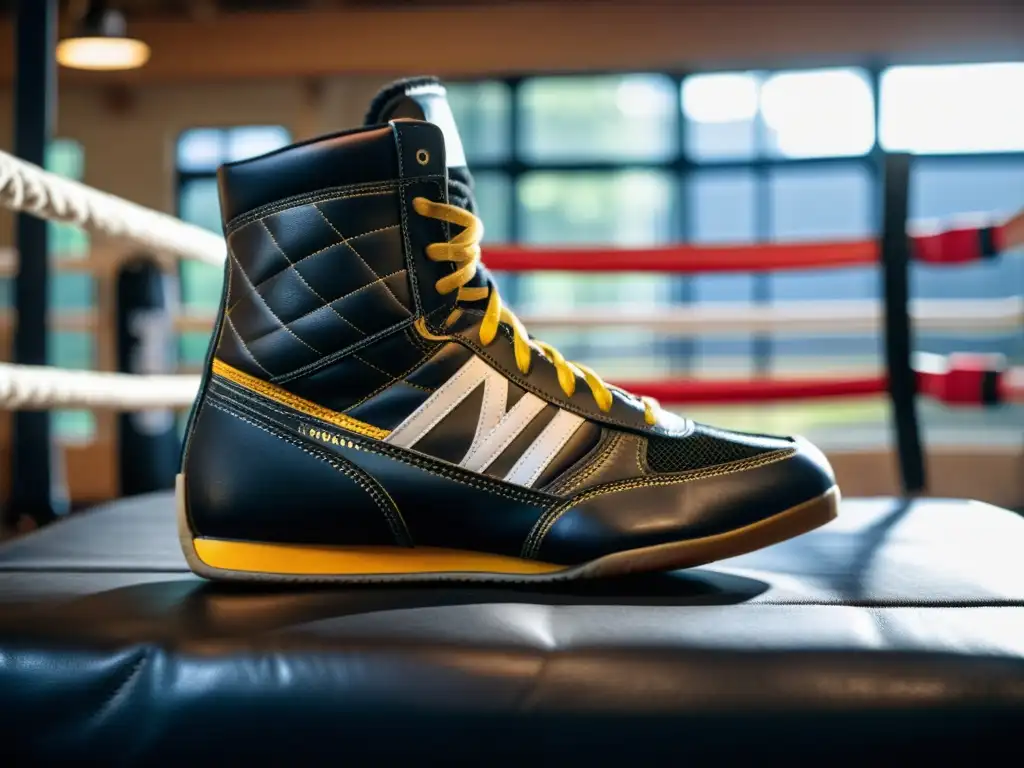 Un primer plano de unas botas de boxeo de alta calidad resaltando su resistencia y artesanía superior en un gimnasio de boxeo