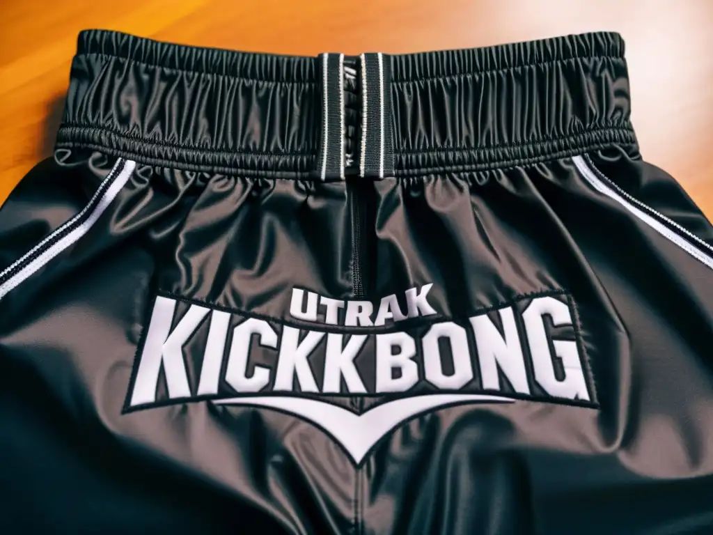 Un primer plano detallado de unos shorts negros de kickboxing de alta calidad con el logo de una reconocida marca