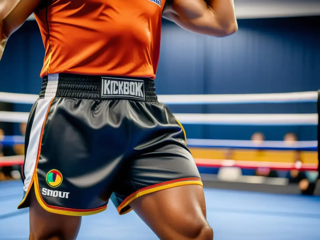 Un primer plano detallado muestra unos shorts oficiales de kickboxing con costuras intrincadas y colores vibrantes