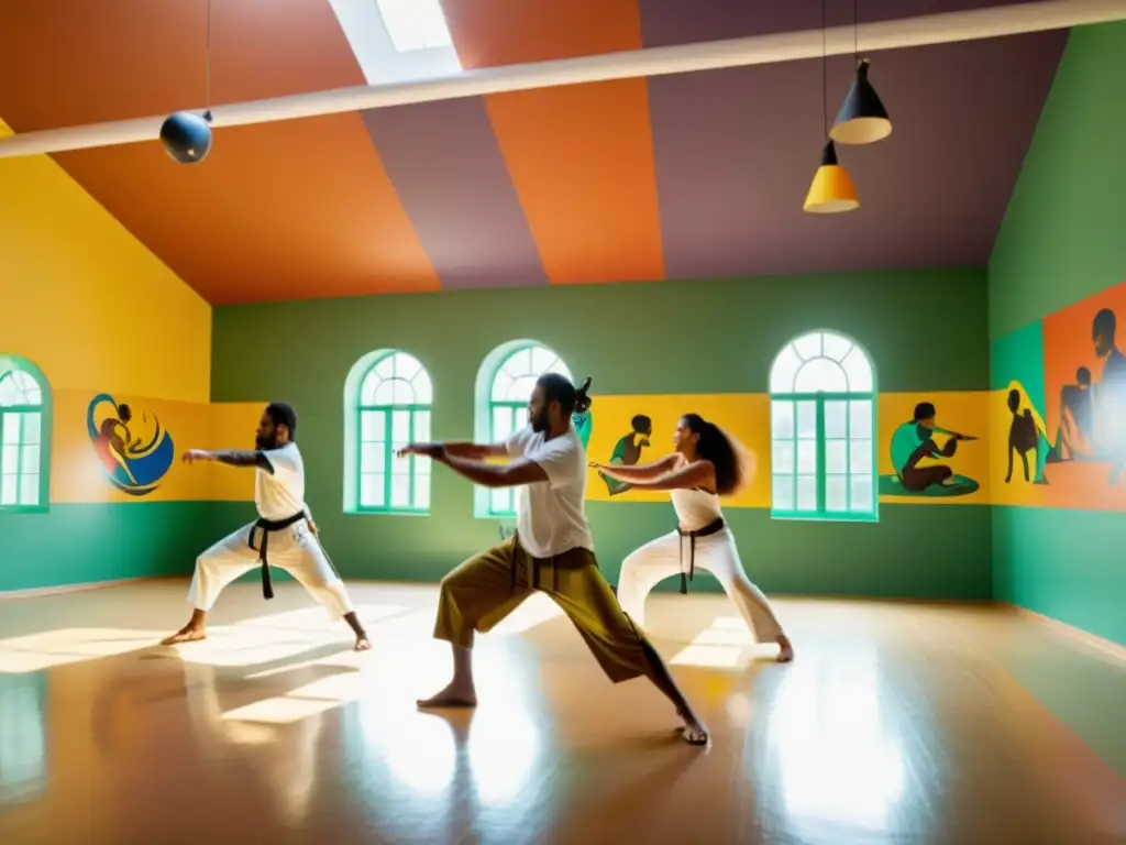 Primeros pasos en capoeira para principiantes: clase en estudio soleado con movimiento fluido, música afrobrasileña y murales vibrantes