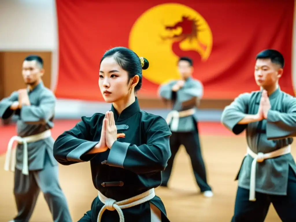 Primeros pasos en Kung Fu: Estudio tradicional con estudiantes enfocados y determinados, guiados por un instructor experto en movimientos y postura