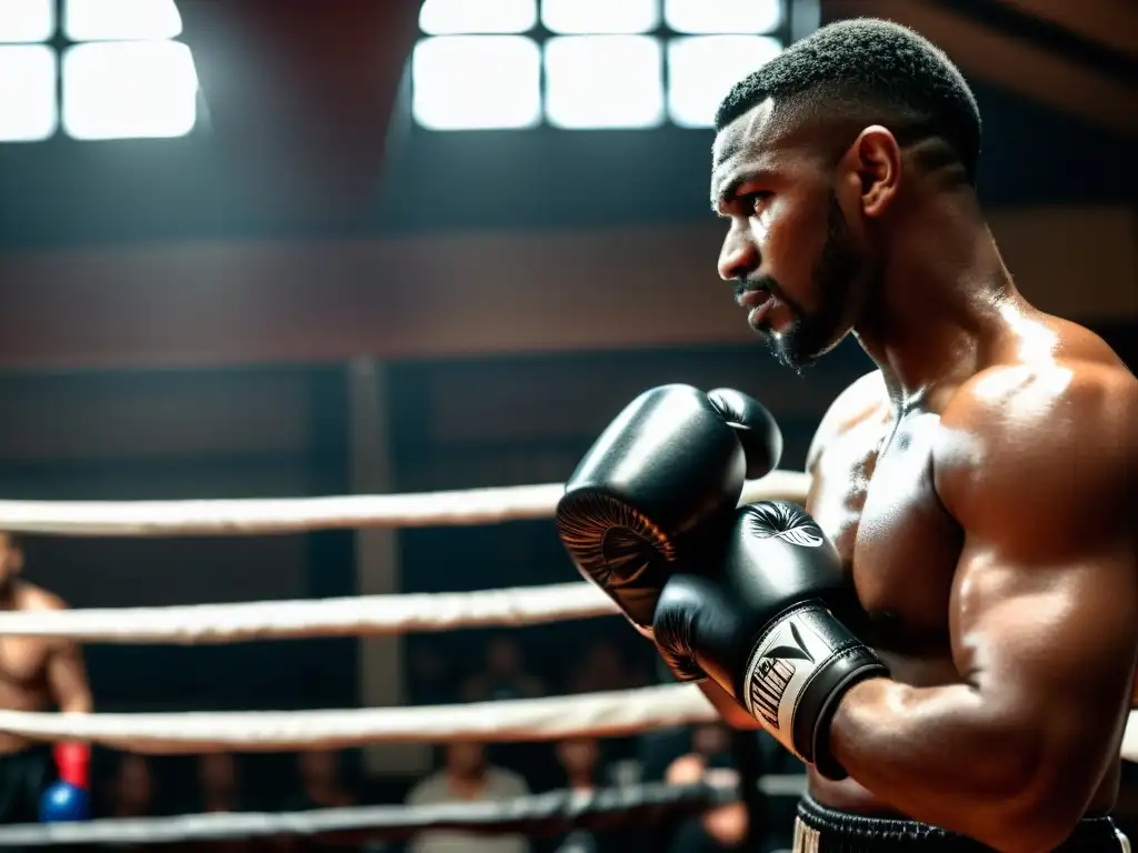 Intensidad en el ring: novato luchador ata guantes de boxeo Un principiante boxeador se prepara con determinación en un oscuro gimnasio de boxeo, destacando la intensidad del entrenamiento