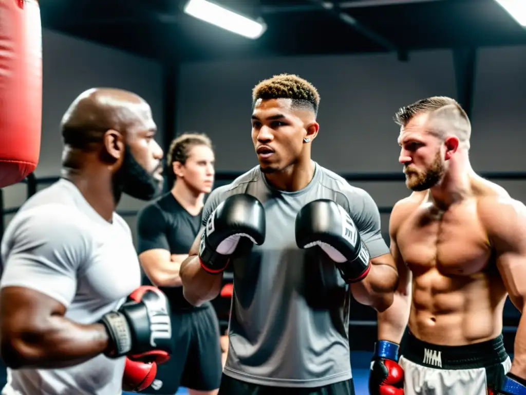 Un principiante de MMA se prepara con equipo de protección en un gimnasio lleno de energía y apoyo de entrenadores experimentados