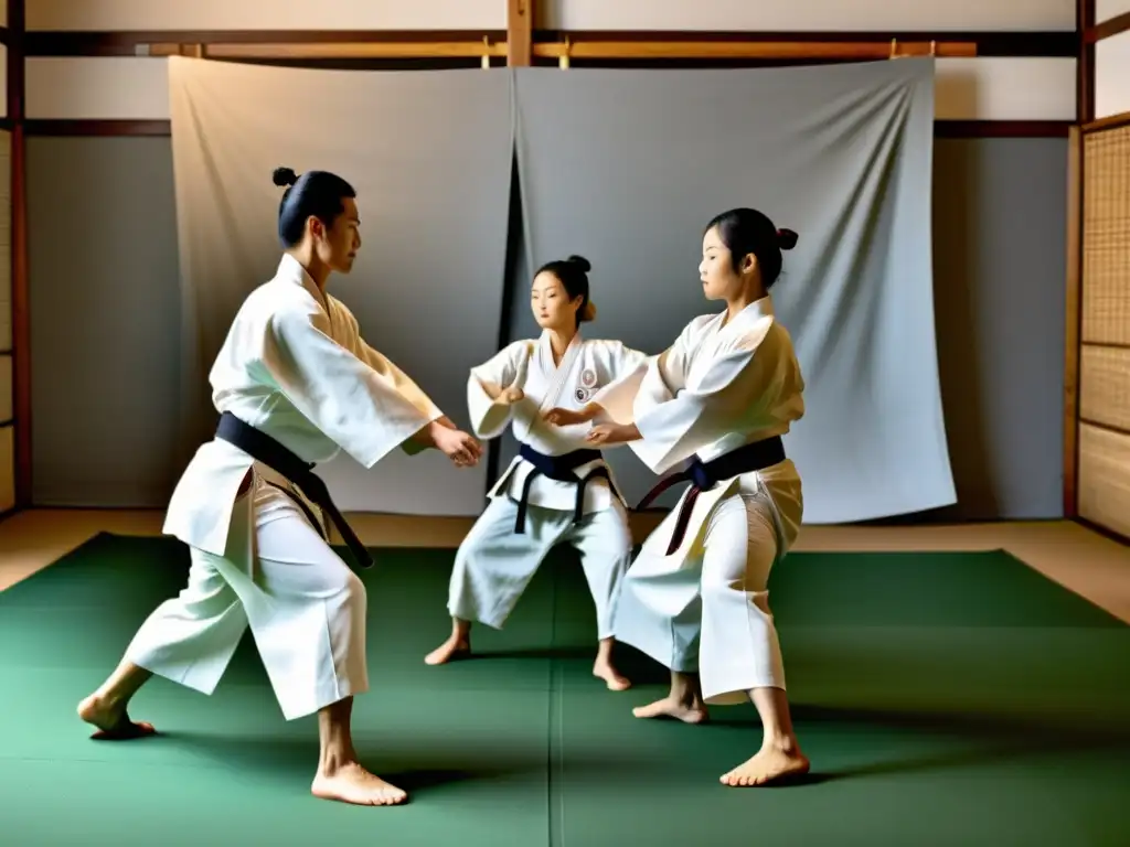 Profesionales de Aikido ejecutan movimientos precisos en un dojo bien iluminado, destacando la comodidad y movilidad de los tradicionales gi blancos