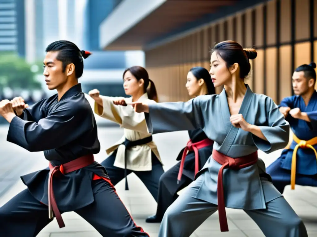 Profesionales practicando artes marciales en un escenario urbano, aplicaciones contemporáneas código samurái