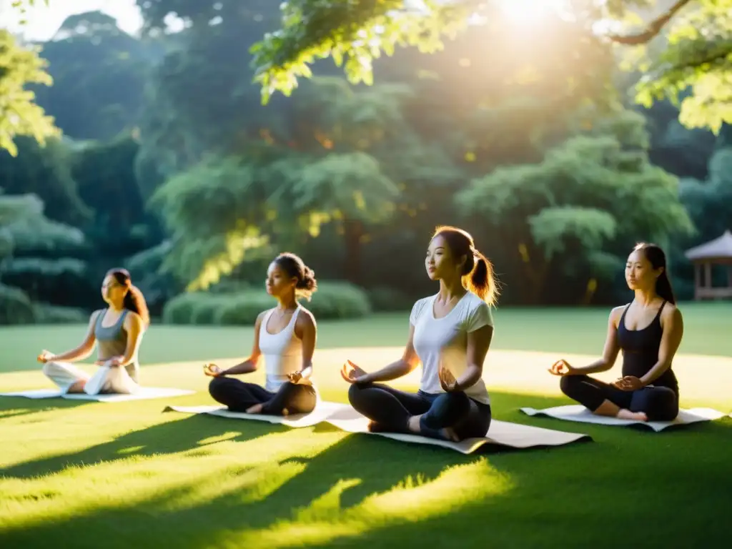 Profesionales practicando Nei Kung meditación en movimiento en un entorno sereno al aire libre, con expresiones enfocadas y movimientos precisos