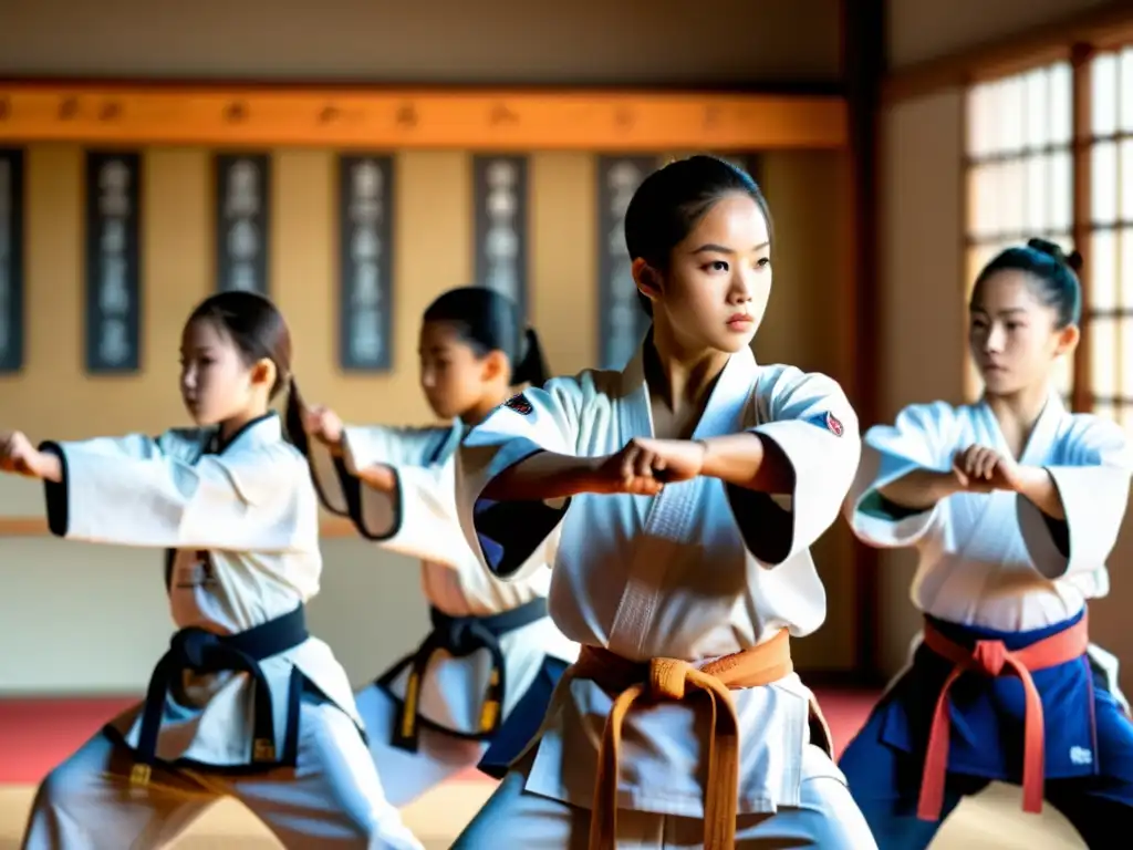 Programas juveniles de artes marciales: Estudiantes practican movimientos precisos y sincronizados en un dojo soleado, con determinación y disciplina