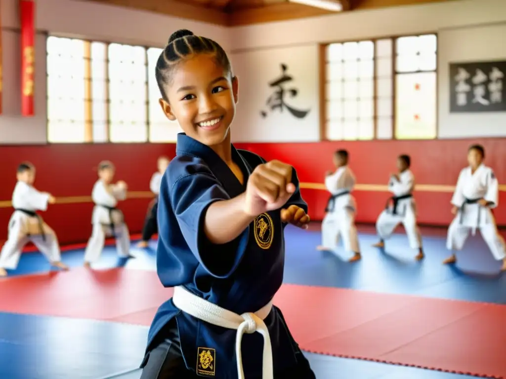 Programas juveniles de artes marciales: Niños practicando con concentración en un dojo iluminado por el sol, guiados por un cálido sensei