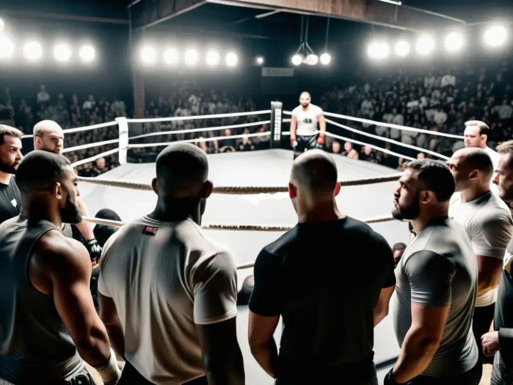 Promotores visionarios MMA cambio reúnen en un almacén oscuro, rodeados de luchadores y espectadores, en una atmósfera cargada de energía pionera