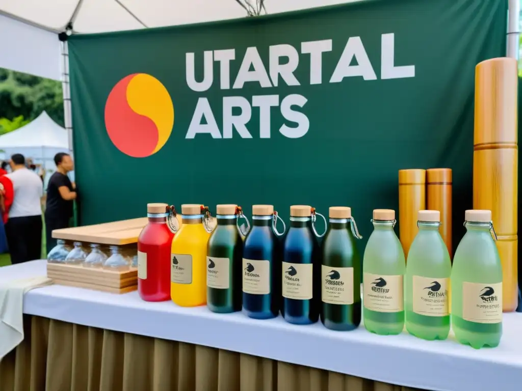 Un puesto de productos ecológicos para eventos de artes marciales, rodeado de una multitud vibrante y comprometida con la sostenibilidad