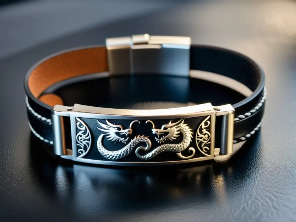 Una pulsera de cuero negro con símbolos de artes marciales en plata, iluminada en una atmósfera dramática