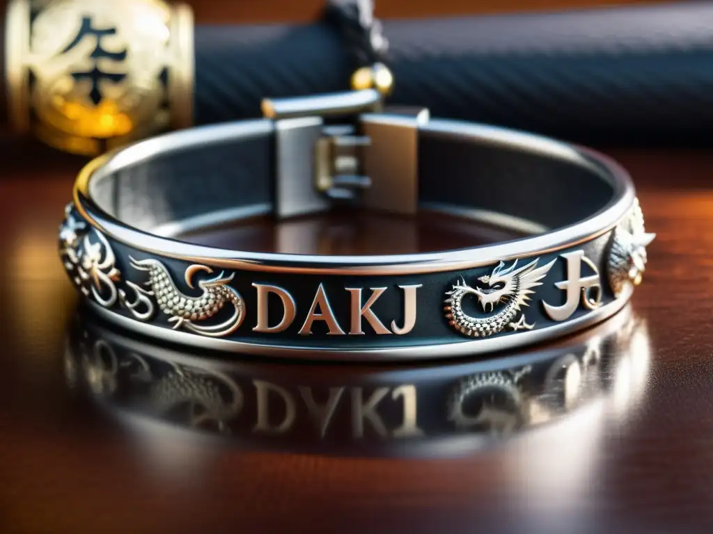 Una pulsera de plata inspirada en armas de artes marciales, con grabados de dragones y kanji