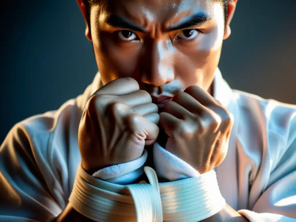 Un puño de karate envuelto en un cinturón blanco muestra la intensidad y dedicación en la historia del karate deportivo competitivo